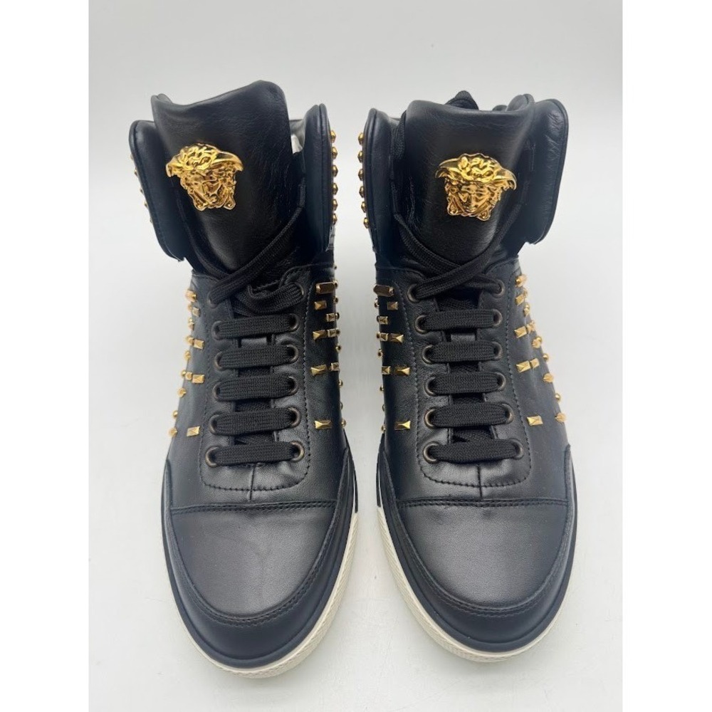 Versace Mens 41.5 US 8.5 Medusa Gold Studded Black Leather High Top Sneakers